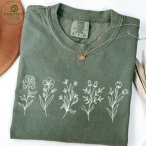Comfort Colors Olive Green Minimalist Line Art Wildflower Graphic T-Shirt 2026 1 7 1
