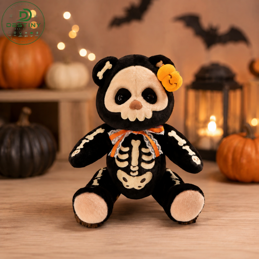 Halloween Skeleton Bear Plush Toy with Pumpkin Accent and Lace Bow 2026