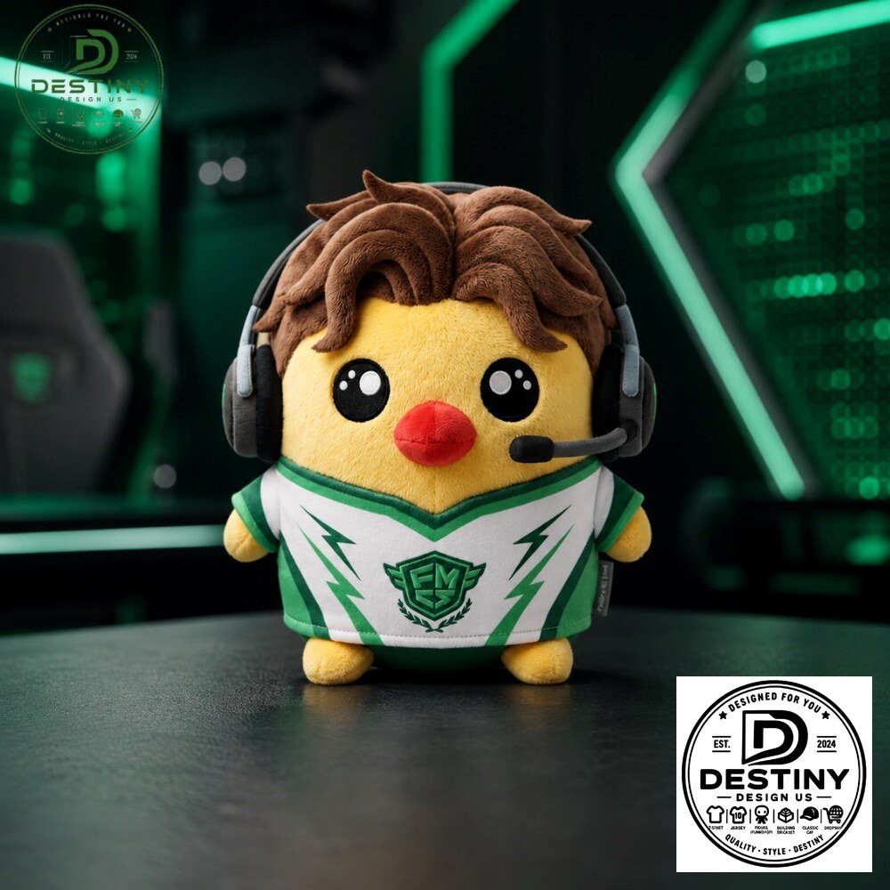 Esports Gamer Bird with Headphones and Green Jersey Plush Toy 2026