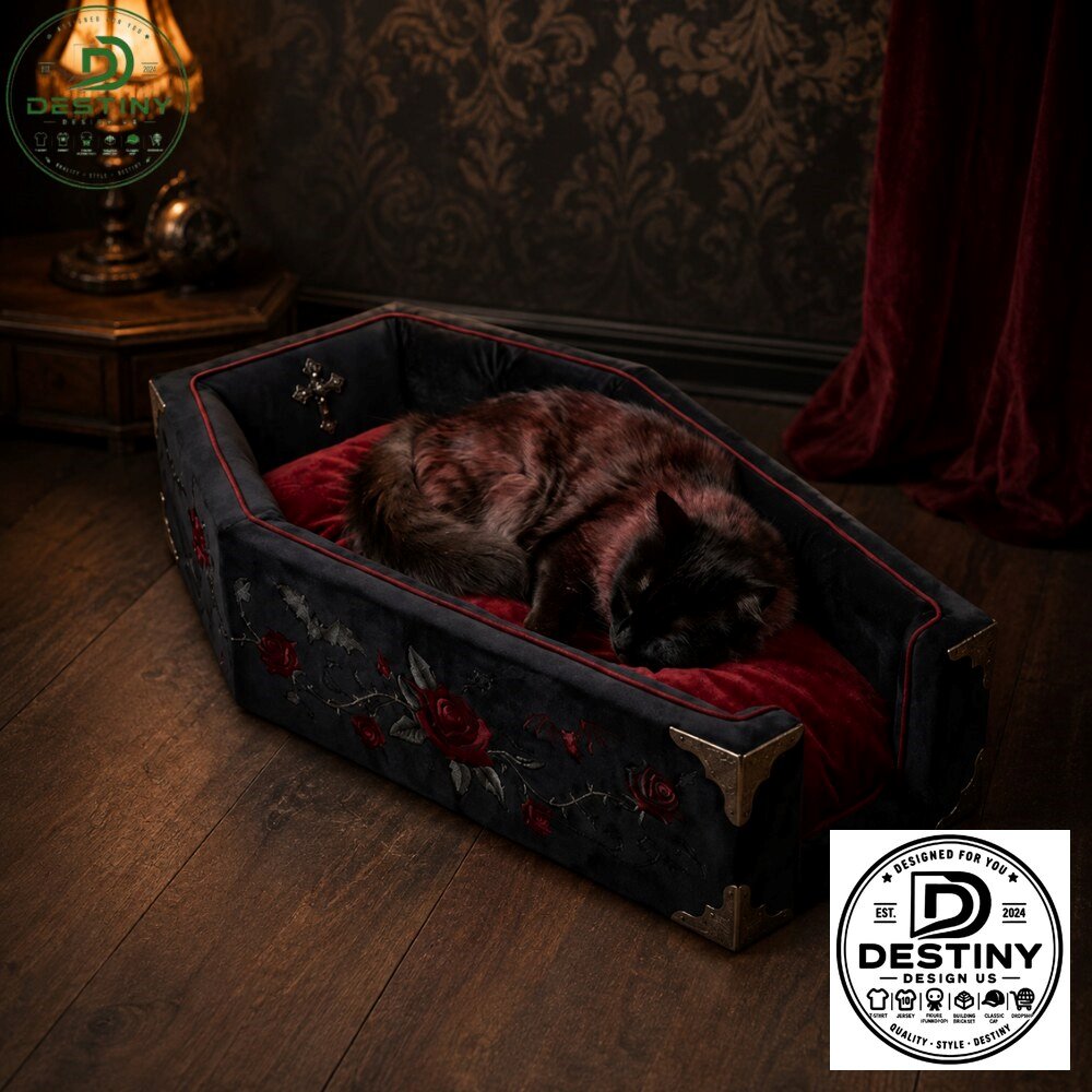 Gothic Coffin Velvet Red Rose Cat Bed 2026